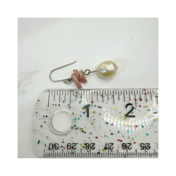 Large genuine baroque pearl and rose quartz chip sterling silver dangle earrings - Picture 7 of 10